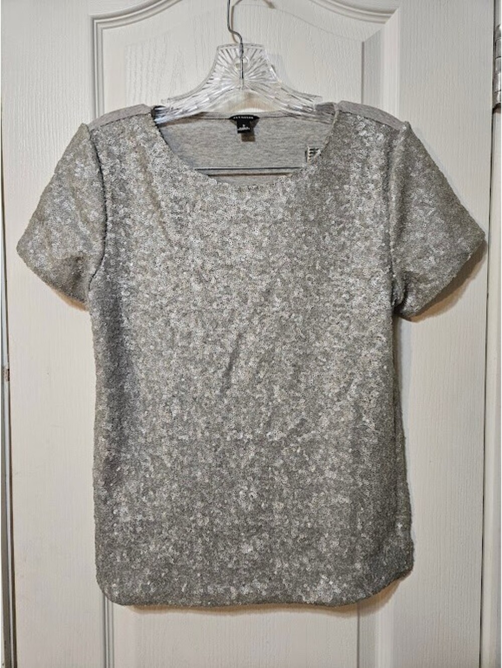 Ann Taylor Small Sequin Top Silver Glam Holiday Sparkle Short Sleeve